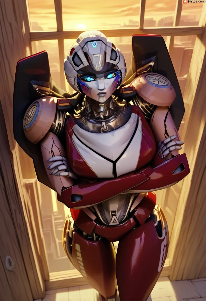 score_9, score_8_up, masterpiece, best quality, arceerotb, autobot, 1girl, red and white body, mechanical parts, robot, helmet-like head, robotic face, glowing blue eyes, autobot symbol on forehead, fairing-like chest, wheels on back, 'ducati' printed on right leg, narrow waist, indoors, close-up to face, shexyo, resting on wall, top-down view, overhead view, standing, crossing arms