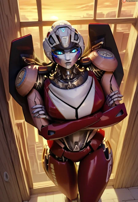 score_9, score_8_up, masterpiece, best quality, arceerotb, autobot, 1girl, red and white body, mechanical parts, robot, helmet-like head, robotic face, glowing blue eyes, autobot symbol on forehead, fairing-like chest, wheels on back, 'ducati' printed on right leg, narrow waist, indoors, close-up to face, shexyo, resting on wall, top-down view, overhead view, standing, crossing arms