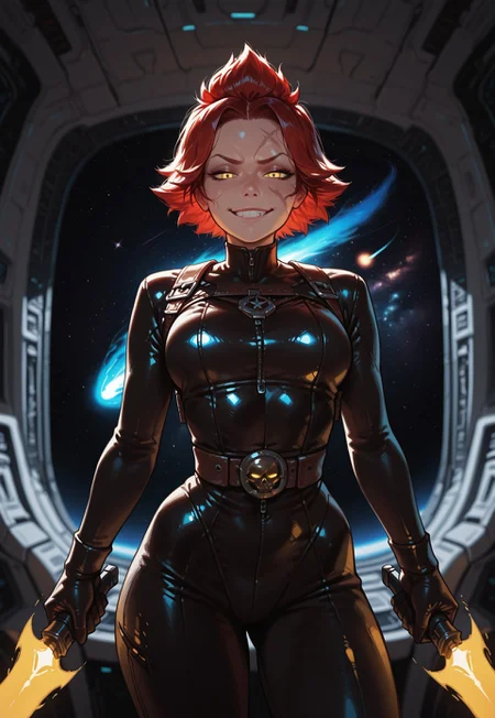 masterpiece, best quality, absurdres, highres, high quality, highly detailed, detailed eyes, detailed face, semi-realistic face,
1girl, solo, space pirate girl, space pirate, red hair, short hair, spiked hair, yellow eyes, scar on face, looking at viewer, smug, disgusted look,
mix of leather and metal space attire, energy sword, carrying energy sword,
dynamic angle,
standing, pose, sexy pose,
space, spaceship, galaxy, spaceship interior, depth of field, cinematic,
semi-realism, smooth