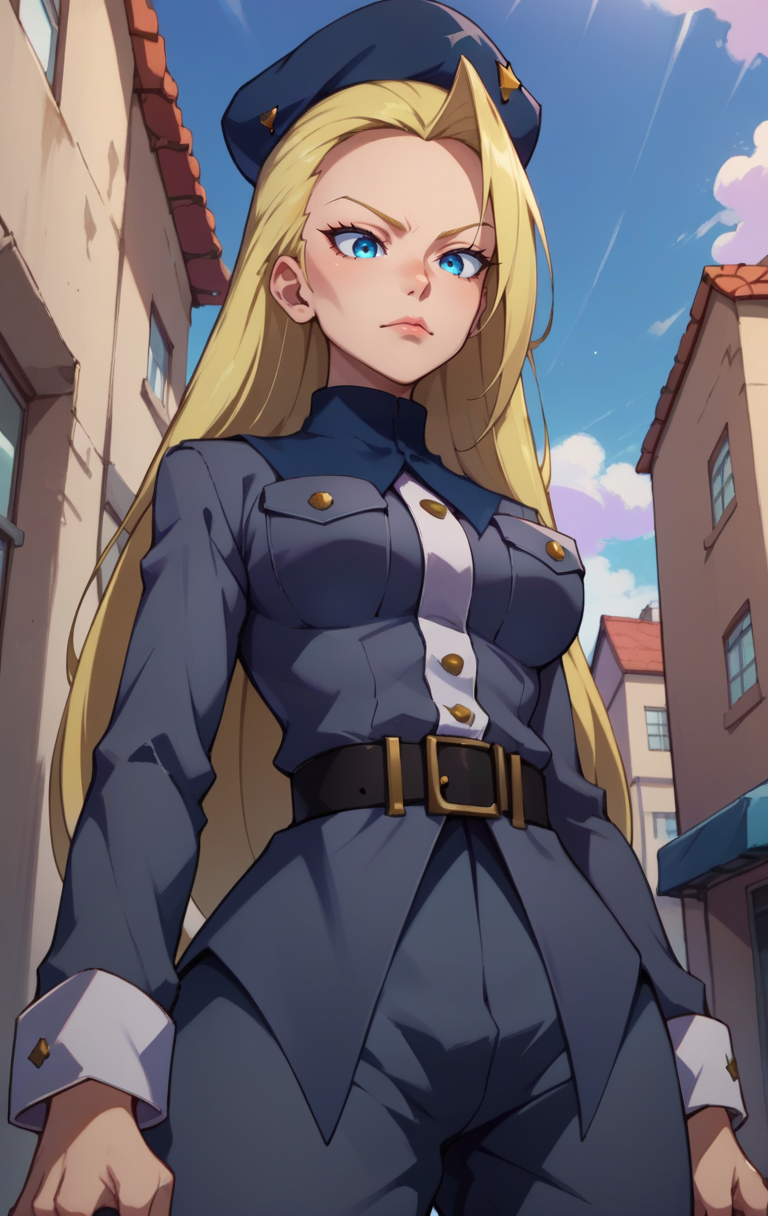score_9, score_8_up, score_7_up, BREAK  <lora:piscalat-10:1>  piscalatSDXL, 1girl, solo, long hair, blue eyes, blonde hair, hat, standing, medium breasts, black belt, pants, uniform,  military, military uniform, beret, cowboy shot, street background, from below