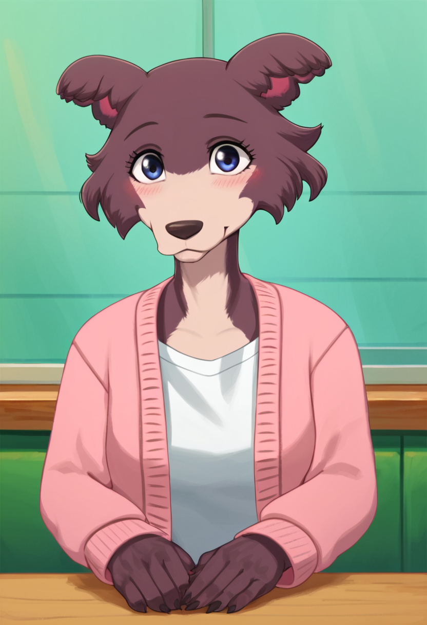 zPDXL, score_9_up, score_8_up,_7_up, score_6_up, score_5_up, score_4_up ,source_furry, best quality, amazing quality, masterpiece, 1girl, looking at viewer, solo, close, face focus, upper body, cute, blush, seductive smile, cute pose, outoors, cafe, sitting at the table, juno, wolf girl, brown-purple fur, blue eyes, wolf tail, pink cardigan, white t-shirt, green pants, <lora:JunoUpdated:0.8>, photonoko,  <lora:Photonoko:1>