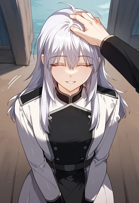 zPDXL3, score_9_up, score_8_up, score_7_up, (Anime_source), 1girl, headpat, pov hands, from above, RunnaanSullion, lavender eyes, white hair, long hair, RS Knight uniform, parted lips, smile, looking at viewer, cowboy shot, from front, closed eyes