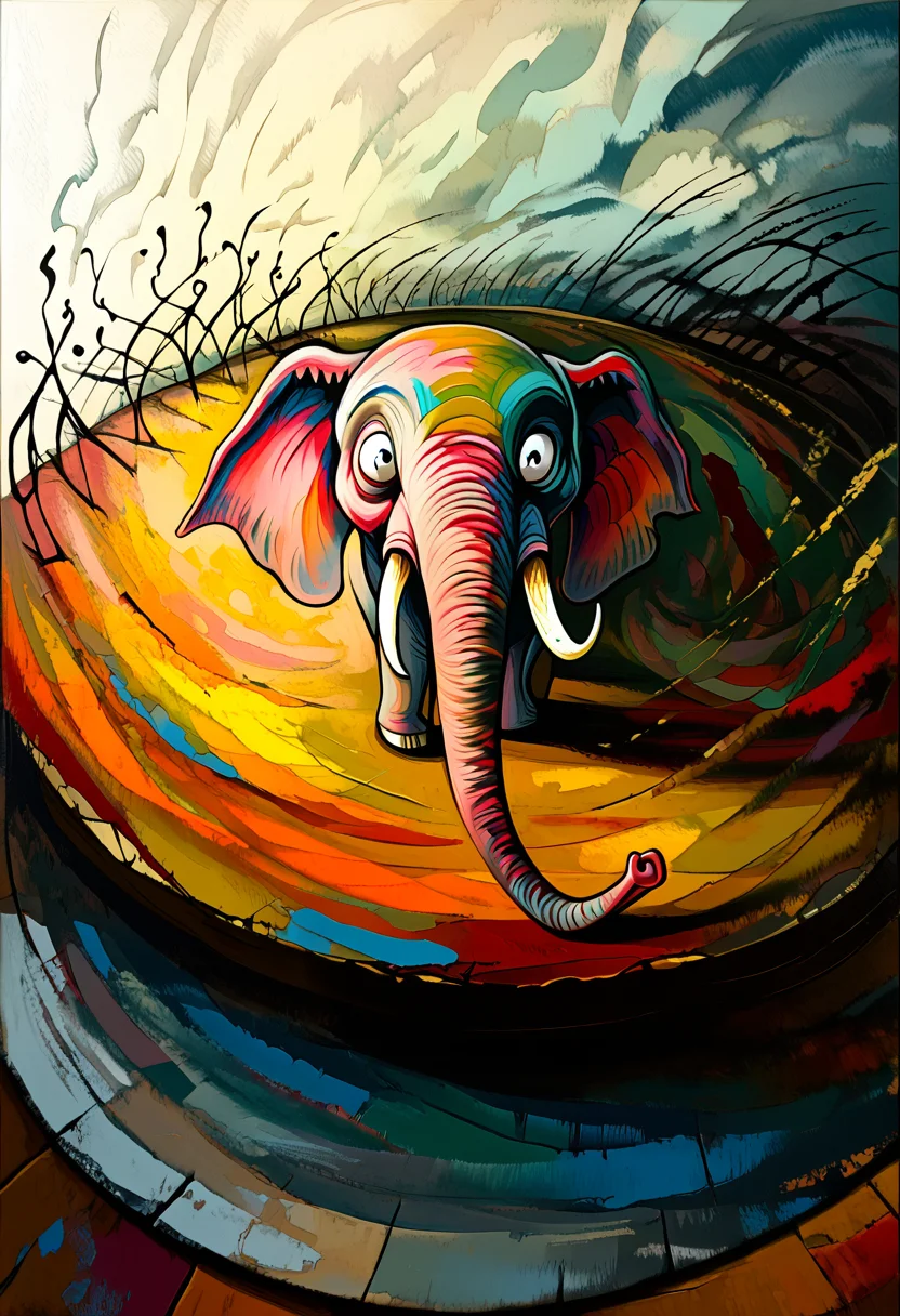 Expressionism Cartoons ,Masterpiece-level, clean lines, sharp, portrait, A spindly, wiry elephant with long, rubbery limbs, attempting a graceful ballet pose on a crooked, uneven stage while a chaotic crowd of animated shadows cheer it on. Its trunk twists into a loop, and its ears flop in exaggerated arcs, creating a sense of clumsy elegance. The elephant’s face is oddly peaceful, despite the madness surrounding it, capturing a bittersweet beauty within a disjointed world.