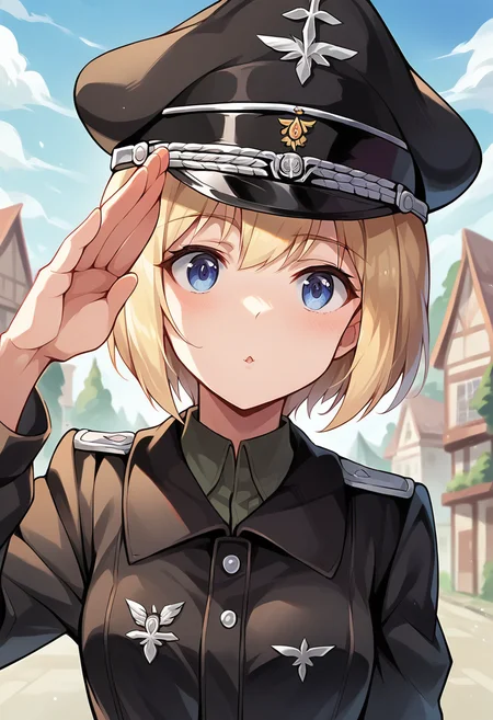 score_9, score_8_up, score_7_up, source_anime, masterpiece, 1girl, ctianerica, black uniform, peaked cap, upper body, portrait, salute, looking at viewer, outdoors, town, <lora:Erica_strike_witches_pony_ct:0.8>