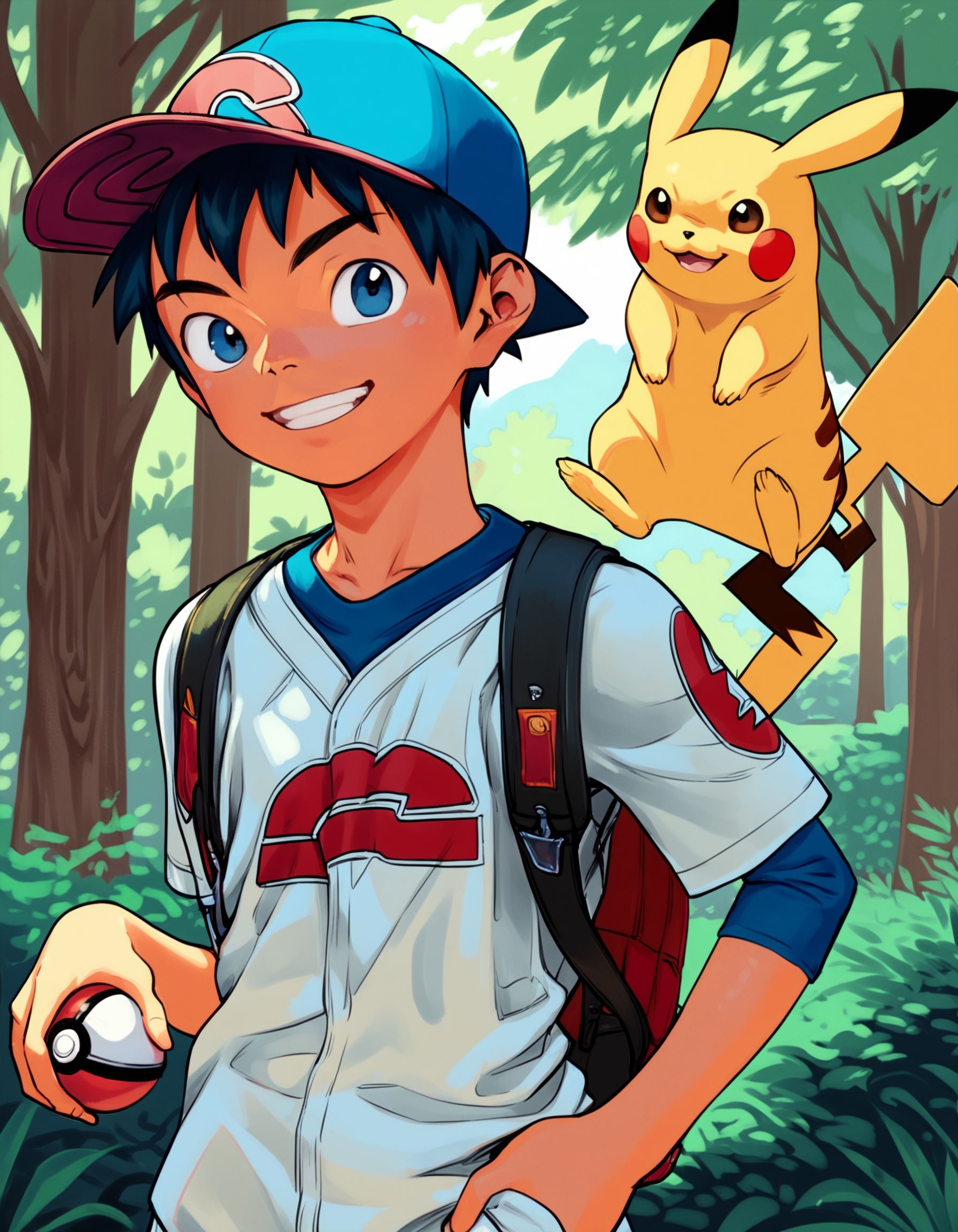 score_9, score_8_up, score_7_up, score_6_up, outdoors, forest, fisheye, foreshortening, 1boy, young, solo, smile, baseball cap, pokemon, holding a pokeball, pikachu <lora:shounen_zoomXL_ot_v4d-AMXL_v2score:0.95>