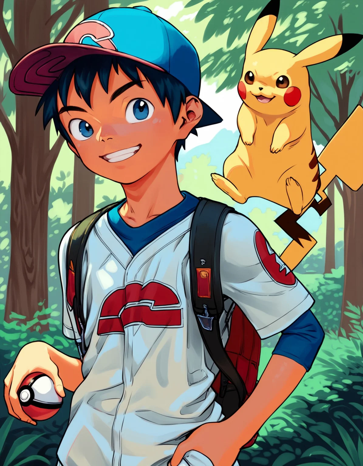 score_9, score_8_up, score_7_up, score_6_up, outdoors, forest, fisheye, foreshortening, 1boy, young, solo, smile, baseball cap, pokemon, holding a pokeball, pikachu <lora:shounen_zoomXL_ot_v4d-AMXL_v2score:0.95>