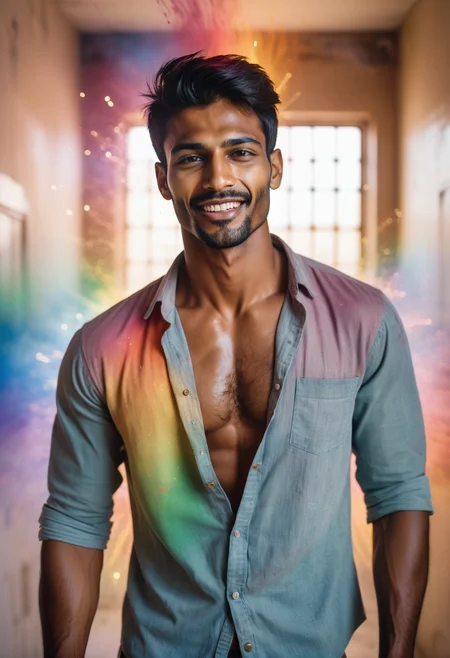 Candid photograph of a 23 year old very tall and (muscular:0.88) Indian (handsome:1.8) man wearing an unbuttoned shirt, His eyes are dark hazel, He has dark blonde short hair and a prominent wide nose and wide jaw, (very short beard:0.9), (body hair:1.7), (He is looking down at the viewer:0.75) with one of his eyebrows raised, (Highly detailed skin), He has faint oil smudges on his skin, (The photo is taken late afternoon) inside his prison cell, (A rainbow exploding with joy:1.28) <lora:a_rainbow_exploding_with_joy:1>, Brandon Woelfel Style <lora:Brandon Woelfel Style:1>