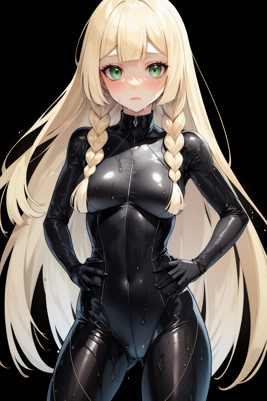 <lora:lillie_pokemon:1> lillie,blonde hair, long hair, twin braids, green eyes , very deep colors , black background , , super wet , sad , intricate quality , superfine quality , complex details ,bodysuit , tight clothes , super detailistic , hip vents , detailed hands , hand on hips , inner sideboob