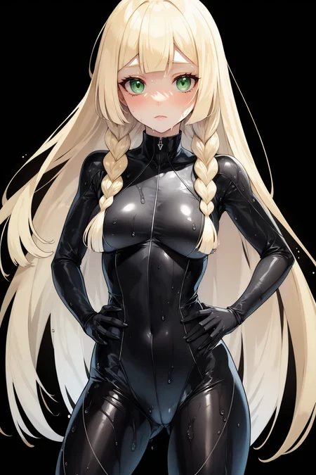 <lora:lillie_pokemon:1> lillie,blonde hair, long hair, twin braids, green eyes , very deep colors , black background , , super wet , sad , intricate quality , superfine quality , complex details ,bodysuit , tight clothes , super detailistic , hip vents , detailed hands , hand on hips , inner sideboob