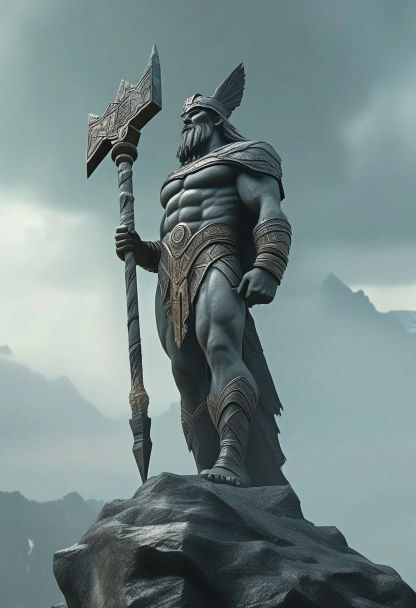 Idol of Perun, the mighty god of thunder and lightning, stands on the peak of a high mountain. He is carved from stone, with a formidable face and powerful hand, holding a lightning bolt. The mountain is shrouded in fog and storm clouds. In the style of hyperrealism, with high detail, high resolution. In the style of Art Deco. Pixel Fragmented Reality.