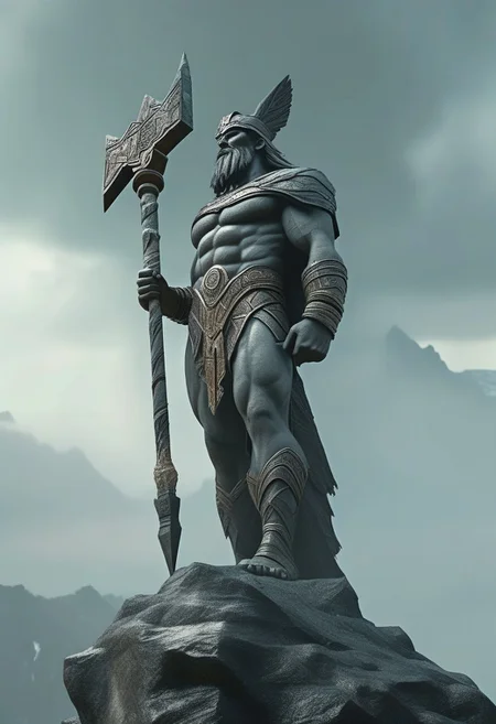 Idol of Perun, the mighty god of thunder and lightning, stands on the peak of a high mountain. He is carved from stone, with a formidable face and powerful hand, holding a lightning bolt. The mountain is shrouded in fog and storm clouds. In the style of hyperrealism, with high detail, high resolution. In the style of Art Deco. Pixel Fragmented Reality.