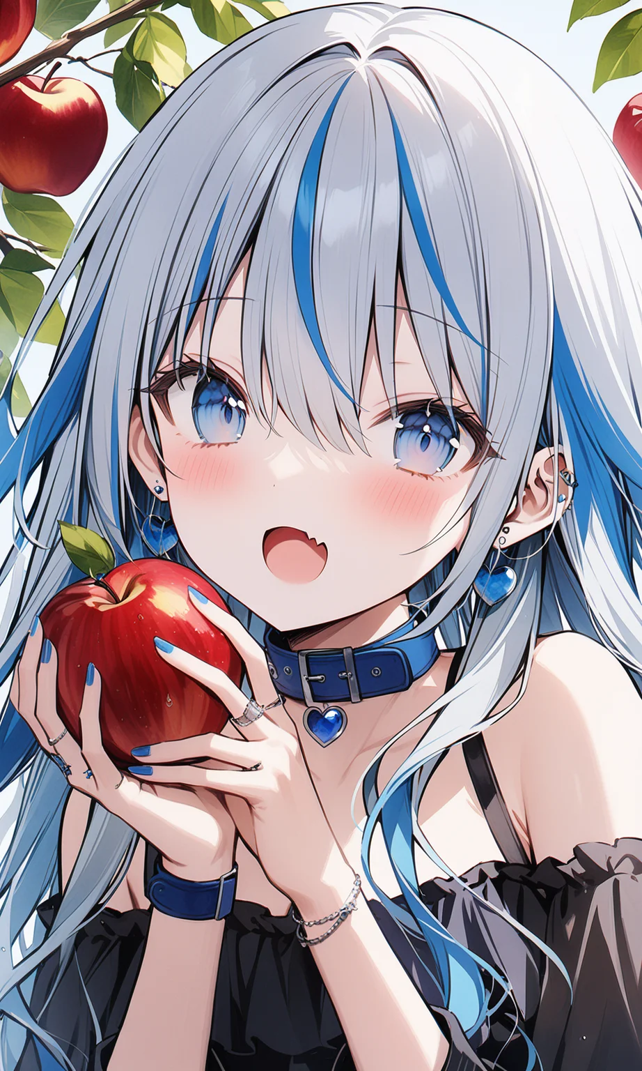 1girl, safe, solo, long hair, looking at viewer, blush, open mouth, blue eyes, holding, hair between eyes, jewelry, bare shoulders, blue hair, grey hair, multicolored hair, heart, earrings, food, fang, nail polish, streaked hair, collar, fruit, ring, holding food, portrait, skin fang, blue nails, apple, holding fruit, blue collar