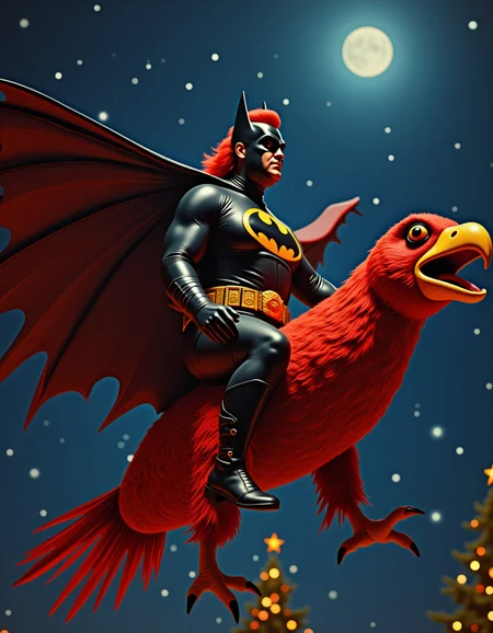 a tremendous action photograph of mullet Batman-Christ, riding on his trusted red sausage bird, soaring through the dark sky on Christmas night.