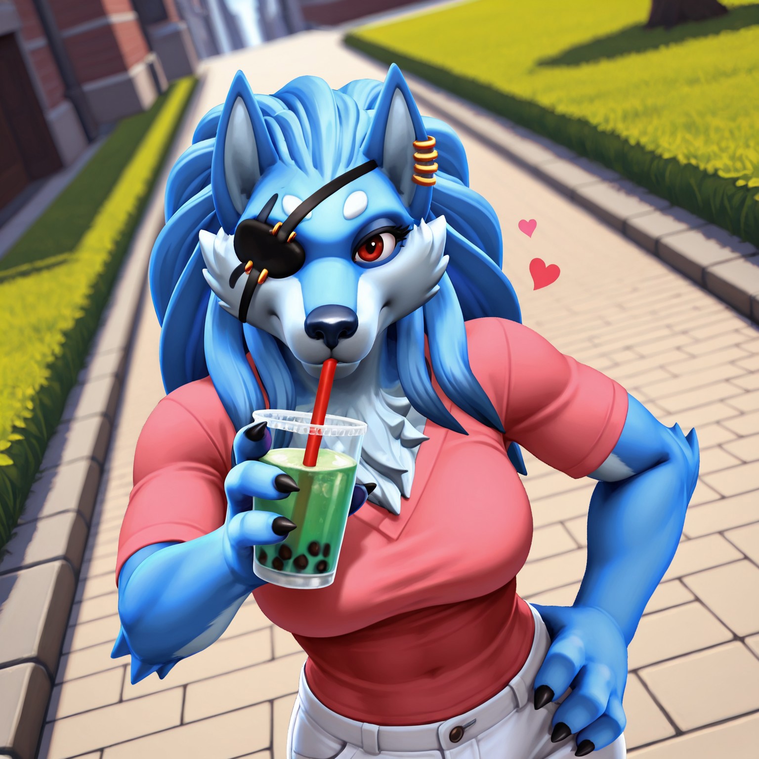 8k, masterpiece, best quality, highly detailed, realistic, 1girl, solo, KieraSOF, furry, anthro, canine, wolf, black eyepatch, yellow earring, dark-red eyes, black pupils, dark-blue nose, blue hair, long hair, blue body, blue fur, cheek tuft, chest tuft, elbow tuft, medium breasts, casual clothes, pink shirt, white pants, mature female, holding drink, (drinking, drinking straw, sucking on straw), looking at viewer, standing, sidewalk, sunny, grass, boba tea, front view, detailed background, ((4 fingers, upper body)), black claws, ((hearts, floating hearts)), hand on hip, drinking boba, dutch angle