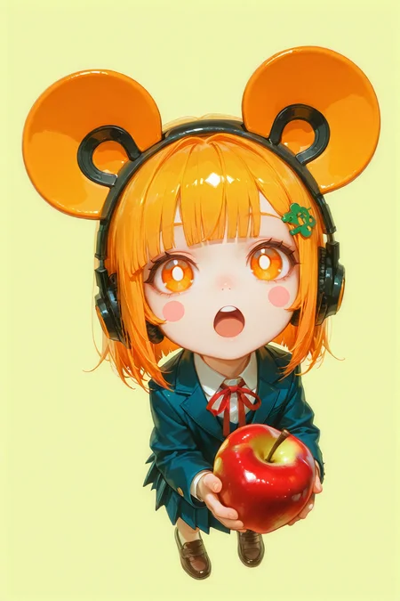 masterpiece,best quality,1girl, solo, looking at viewer, open mouth, skirt, blonde hair, simple background, shirt, hair ornament, long sleeves, ribbon, holding, animal ears, school uniform, jacket, full body, pleated skirt, food, shoes, teeth, hairclip, blunt bangs, chibi, orange hair, :o, red ribbon, blue skirt, orange eyes, neck ribbon, fruit, fake animal ears, headphones, upper teeth only, from above, brown footwear, blush stickers, holding food, looking up, yellow background, bright pupils, white pupils, mouse ears, apple, holding fruit,<lora:g0th:0.7>,g0th,color theme,horror \(theme\),<lora:ssasty:0.3>,ssasty,