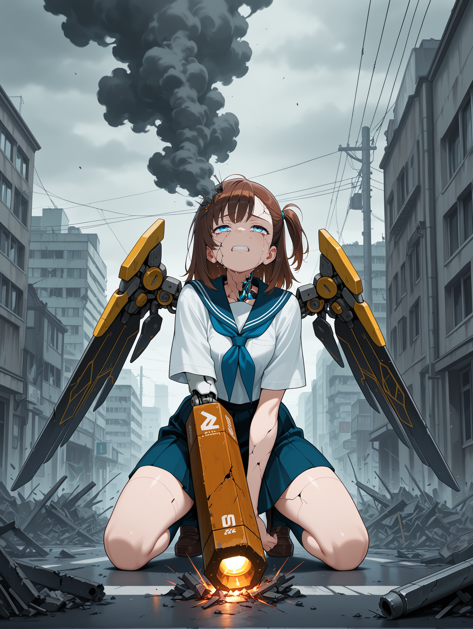 1girl, solo, thick lines, wild colors, 1girl, medium hair, brown hair, side ponytail, school uniform, mechanical wings, clenched teeth, sad, crying, half-closed eyes, blue eyes, android, city, day, overcast, chaos, destruction, war, smoke, street, single arm cannon, kneeling, looking up, cracked skin,
,masterpiece,best quality,amazing quality,