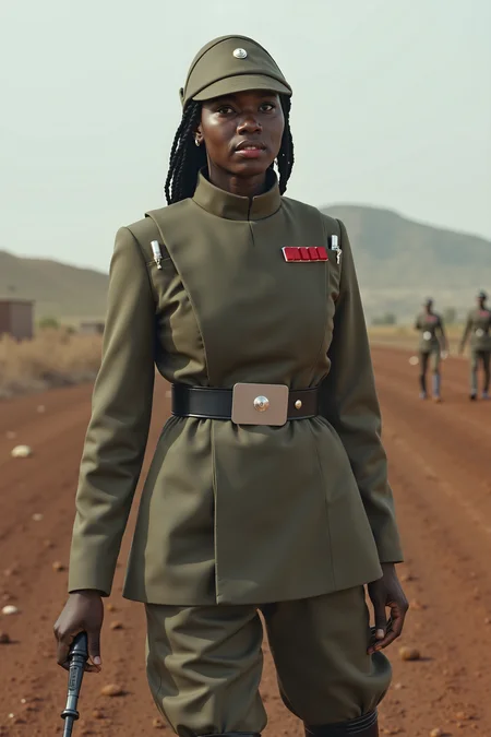 african woman in IMPOFF imperial officer uniform ,on a dirt field<lora:IMPOFF_FLUX>