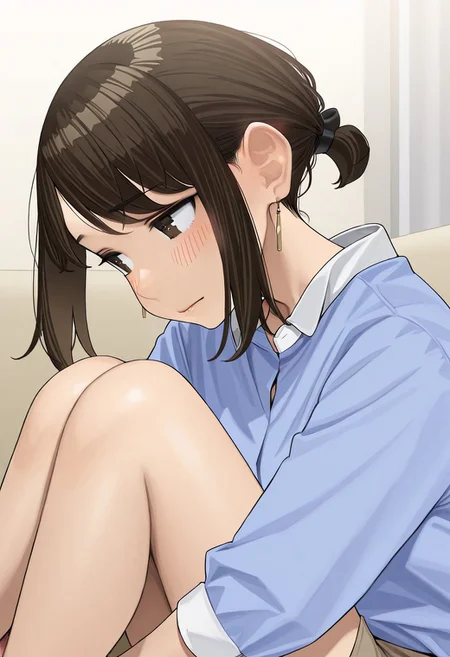 woman, douki-chan_(douki-chan), brown hair, hair tie, sidelocks, brown eyes, earrings, wearing a white blouse, siting on the couch, hands on the legs, facing side, room, high quality, best quality, masterpiece, 4k resolution, anime
