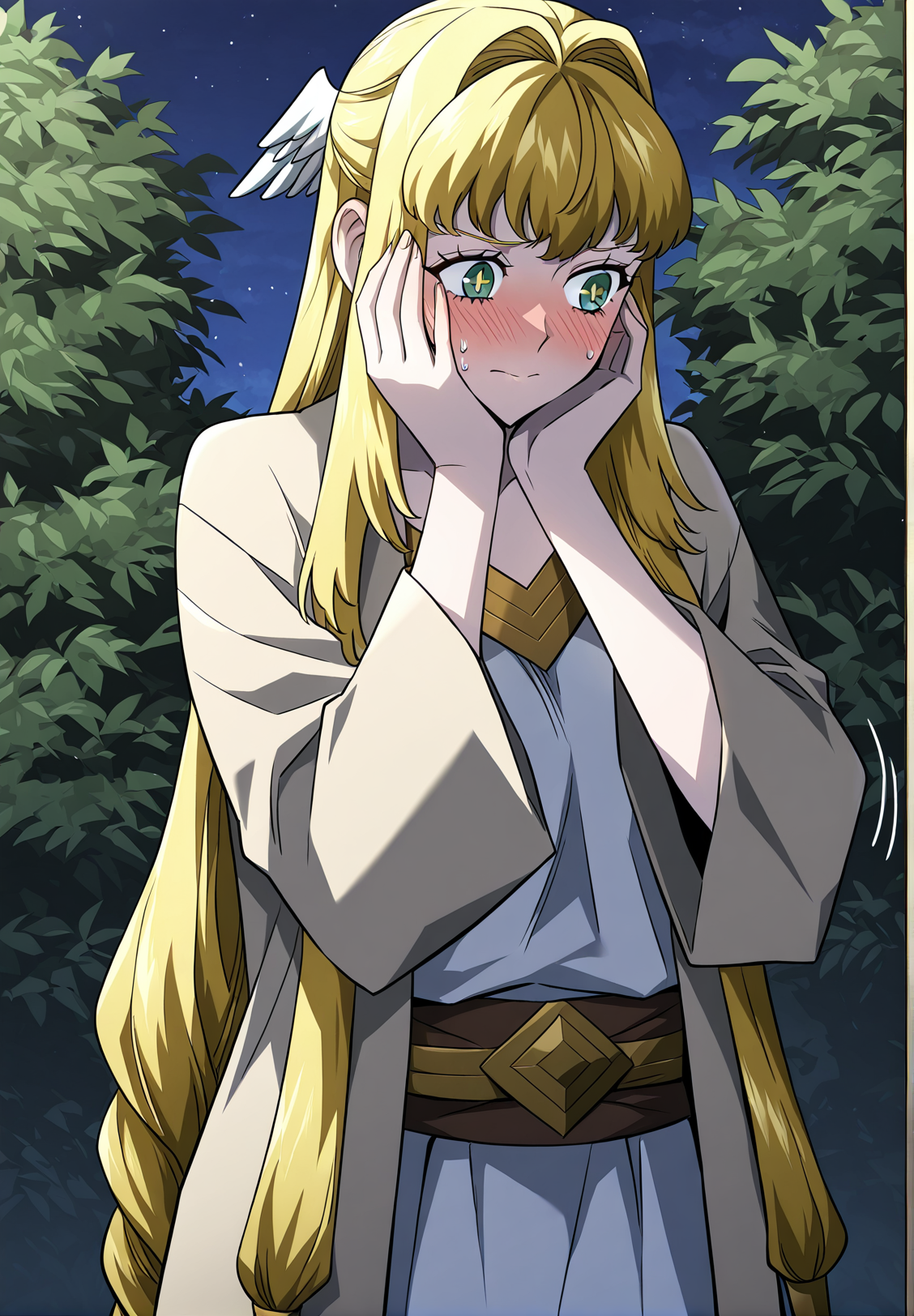 <lora:Dolores_Quovadis__Revenge_of_the_Iron-Blooded_Sword_Hound__Illustrious:1>
Dolores_Quovadis, 1 girl, solo, long hair straight hair, blonde hair, thick braid, long braid, straight fringe, wing hair ornament, green eyes, cross pupils, <lora:DetailedEyes_V3:1>, 
Dolores_Quovadis_priest, beige outer robe, wide sleeves, brown waist sash, golden neckline detail, side braids, priestess outfit,  
score_9, score_8_up, score_7_up, source anime, BREAK, cowboy shot, blushing, embarrassed, shy, looking away, hands near face, flustered, cute expression, garden background, night