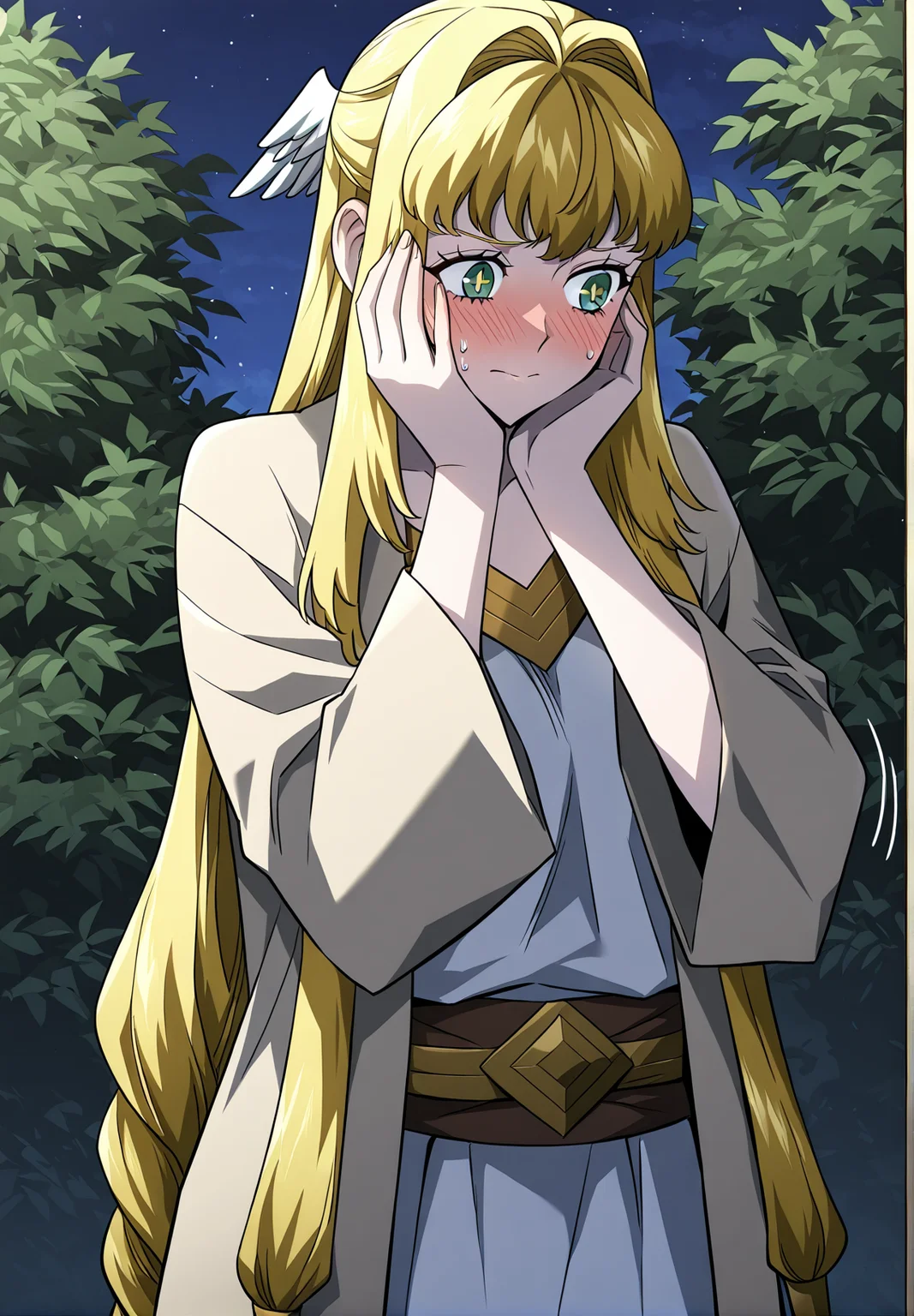 <lora:Dolores_Quovadis__Revenge_of_the_Iron-Blooded_Sword_Hound__Illustrious:1>
Dolores_Quovadis, 1 girl, solo, long hair straight hair, blonde hair, thick braid, long braid, straight fringe, wing hair ornament, green eyes, cross pupils, <lora:DetailedEyes_V3:1>,
Dolores_Quovadis_priest, beige outer robe, wide sleeves, brown waist sash, golden neckline detail, side braids, priestess outfit,
score_9, score_8_up, score_7_up, source anime, BREAK, cowboy shot, blushing, embarrassed, shy, looking away, hands near face, flustered, cute expression, garden background, night