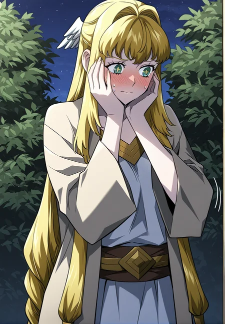 <lora:Dolores_Quovadis__Revenge_of_the_Iron-Blooded_Sword_Hound__Illustrious:1>
Dolores_Quovadis, 1 girl, solo, long hair straight hair, blonde hair, thick braid, long braid, straight fringe, wing hair ornament, green eyes, cross pupils, <lora:DetailedEyes_V3:1>,
Dolores_Quovadis_priest, beige outer robe, wide sleeves, brown waist sash, golden neckline detail, side braids, priestess outfit,
score_9, score_8_up, score_7_up, source anime, BREAK, cowboy shot, blushing, embarrassed, shy, looking away, hands near face, flustered, cute expression, garden background, night