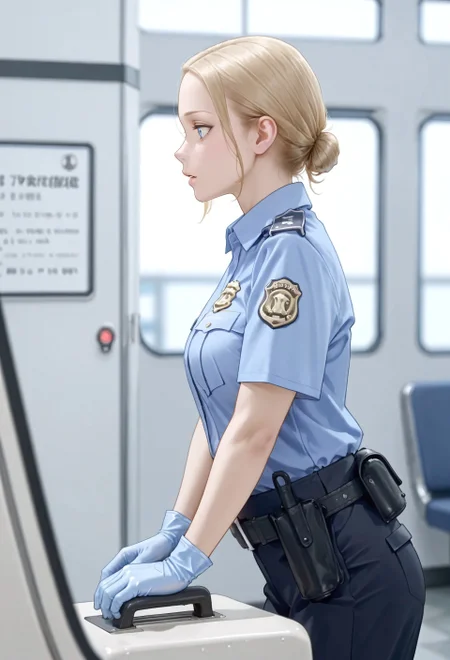 masterpiece, best quality, amazing quality, absurdres, 

0c_tsa,1girl, solo, blonde hair, single hair bun, low hair bun, blue eyes, parted lips, medium breasts,

 police uniform, policewoman, blue shirt, collared shirt, epaulette, badge, name tag, blue gloves, rubber gloves, black pants, belt, pouch,

 , checking, open luggage, airport, security check, blurry background, from side, profile, 