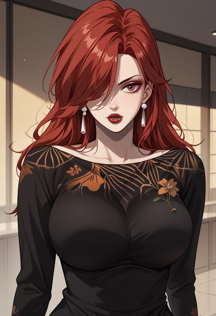 score_9, score_8_up, score_7_up, BREAK, YeHuan, long hair, red hair, hair over one eye, large breasts, red eyes, red lips, makeup, red nails, jewelry, earrings, black dress, print dress, tight dress, long sleeves, long dress, 1girl, solo,