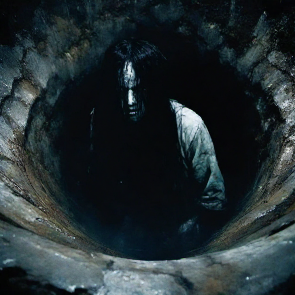 Horror-themed a creepy woman, hair hiding the face,  climbing out of a well <lora:lcm_lora_sdxl:1> <lora:TheRing1024:0.85> . Eerie, unsettling, dark, spooky, suspenseful, grim, highly detailed