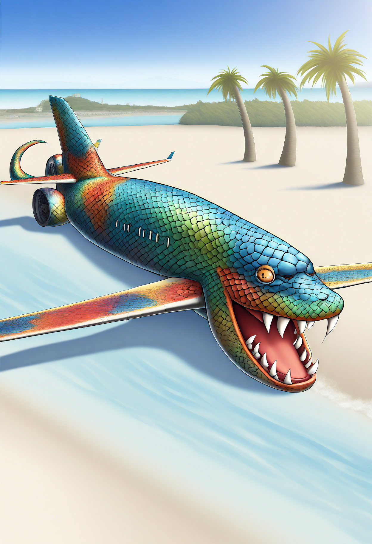 yoshistyle, masterpiece, best quality, amazing quality, 1boy, solo, snakeplane aircraft, colorful scales, fangs, beach, lounging, palm tree