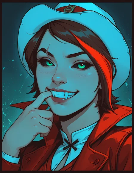 <lora:MelancholyAnime:0.5>, melanch0ly, retro anime, <lora:MoriiMee_Gothic_Niji_Style_Illustrious_r1:0.5>, comics, bold lines, vibrant colors, dramatic lighting, (masterpiece, best quality, ultra-detailed, absurdres, newest, detailed textures, correct anatomy:1), 1girl, solo, detailed_hands, elegant_fingers, halftone background, background splatter, border frame, <lora:Fiona-10:0.7>, fiona \(borderlands\), brown hair, green eyes, single red hair streak, eyebrow scar, white bowler hat, tricky smile, red jacket, red vest, turquoise nails, looking at viewer, own mouth pull, fangs, clenched teeth, sinister grin, narrowed eyes, black sclera, vampire's fangs, long fangs, eerie aesthetic