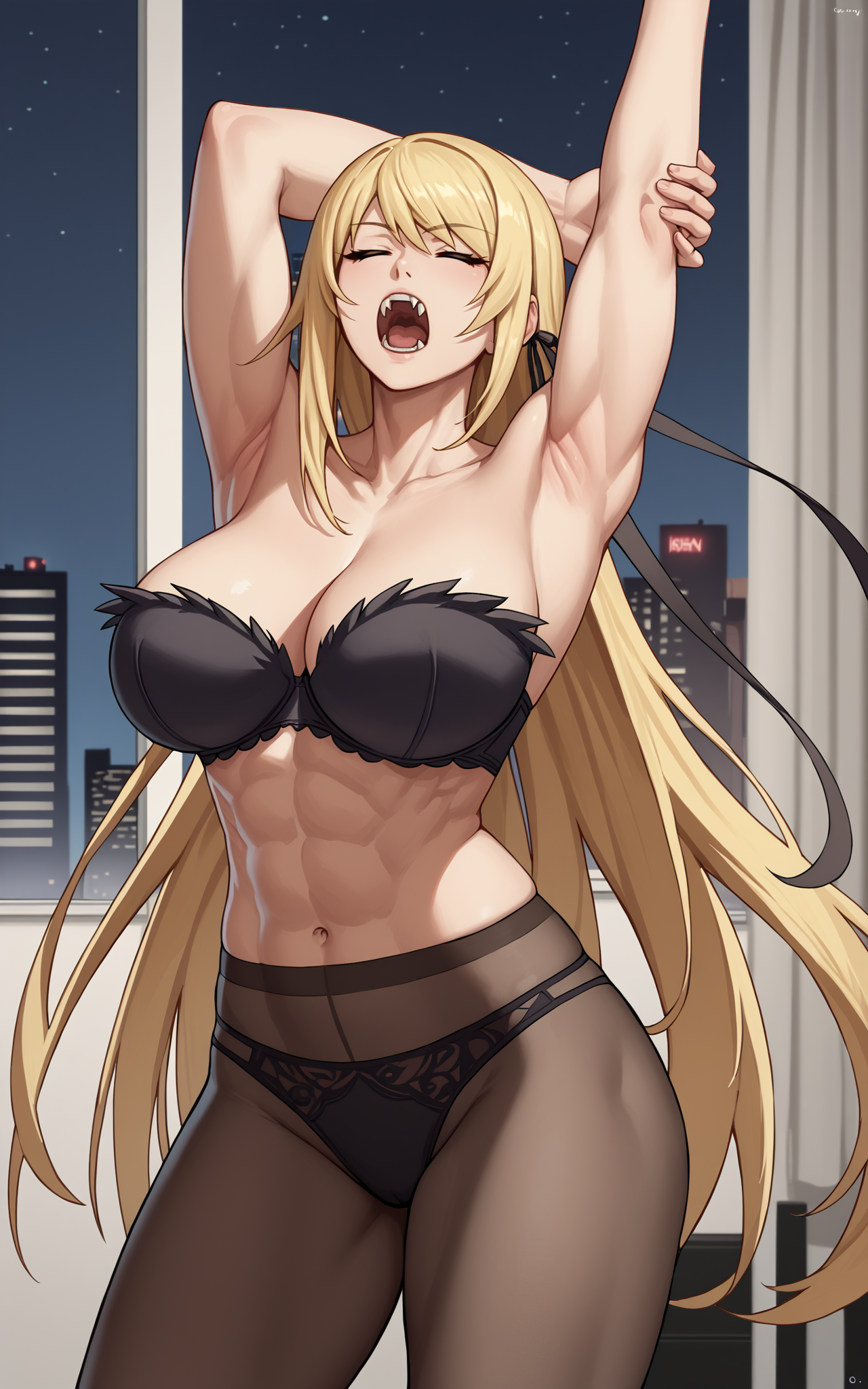 score_9, score_8_up, indoors, night, city view, bedroom, standing, arms up, stretching, hand on hip, armpits
BREAK
1girl, kiss-shot acerola-orion heart-under-blade, large breasts, very long hair, blonde hair, hair ribbon, strapless bra, (muscular:0.2), black pantyhose, black panties, standing, eyes closed, yawning, fangs
<lora:kiss-shot:1>