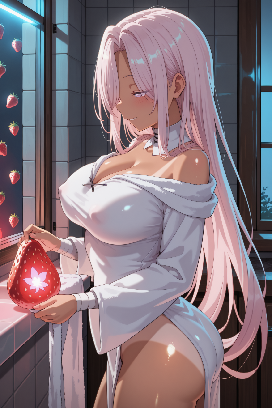 talia, very_long_hair, pink_hair, hair_over_one_eye, purple_eyes, blush, detached_collar, large_breasts, bandages, cleavage, white_dress, off_shoulder, long_sleeves, side_slit