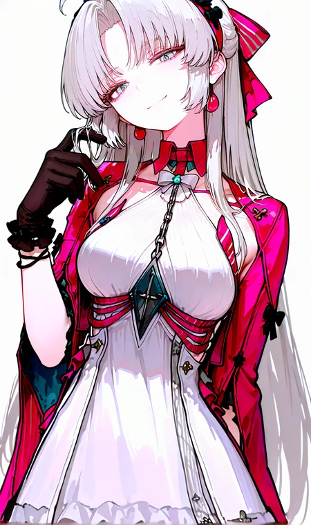 (masterpiece, best quality, very awa, newest, very aesthetic, highres, absurdres:1.2), simple background, white background, <lora:748cmXLillokrV5311P:0.6>, <lora:ç¦è¶forill:0.4> BREAK
1girl, solo,<lora:carlotta (wuthering waves)_nb11-xl:0.5> carlotta \(wuthering waves\), carlotta, pink jacket, white bow,parted bangs, white hair,white dress,black bow,two-tone bow,medium breasts,sidelocks,hairband,collarbone, head tilt,
looking at viewer, smile, closed mouth, standing, hand up, cowboy shot, <lora:carlotta-wwIL-v1a:0.5> pink hair bow, black gloves, BREAK
<lora:spo_sdxl_10ep_4k-data_lora_webui:0.85>, , <lora:add-detail-xl:0.3> ,<lora:illustrious_noobai_epsilon_pred_1_best_quality_v1:0.75>,
<lora:ponyv6_noobE11_2_adamW:0.5>, <lora:HandFixer_pdxl_Incrs_v1:0.5>, handfixer,