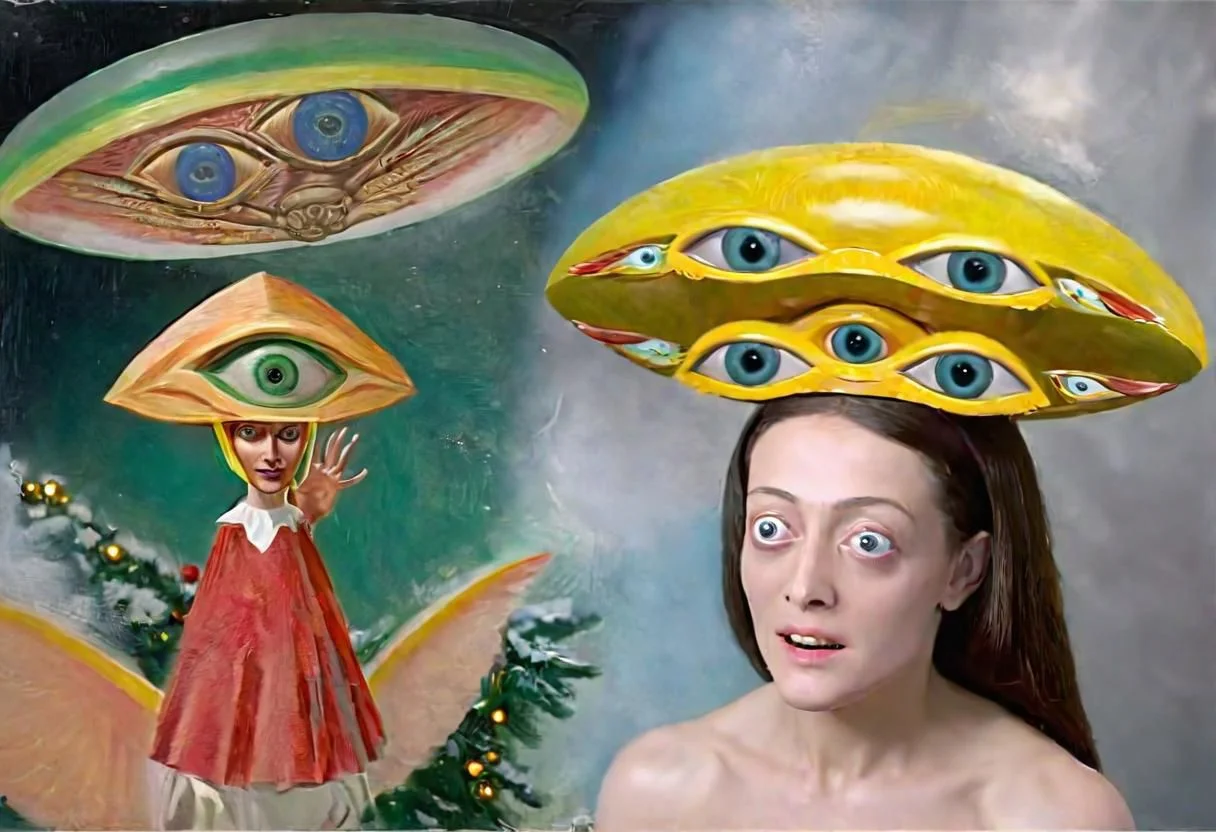 p1c4ss0, seraphins, mystical creature with hundreds of eyes and wings, roswell alien with yellow christmas hat delivering presents with santa riding a ufo sleigh, 1908 Woman with a Fan