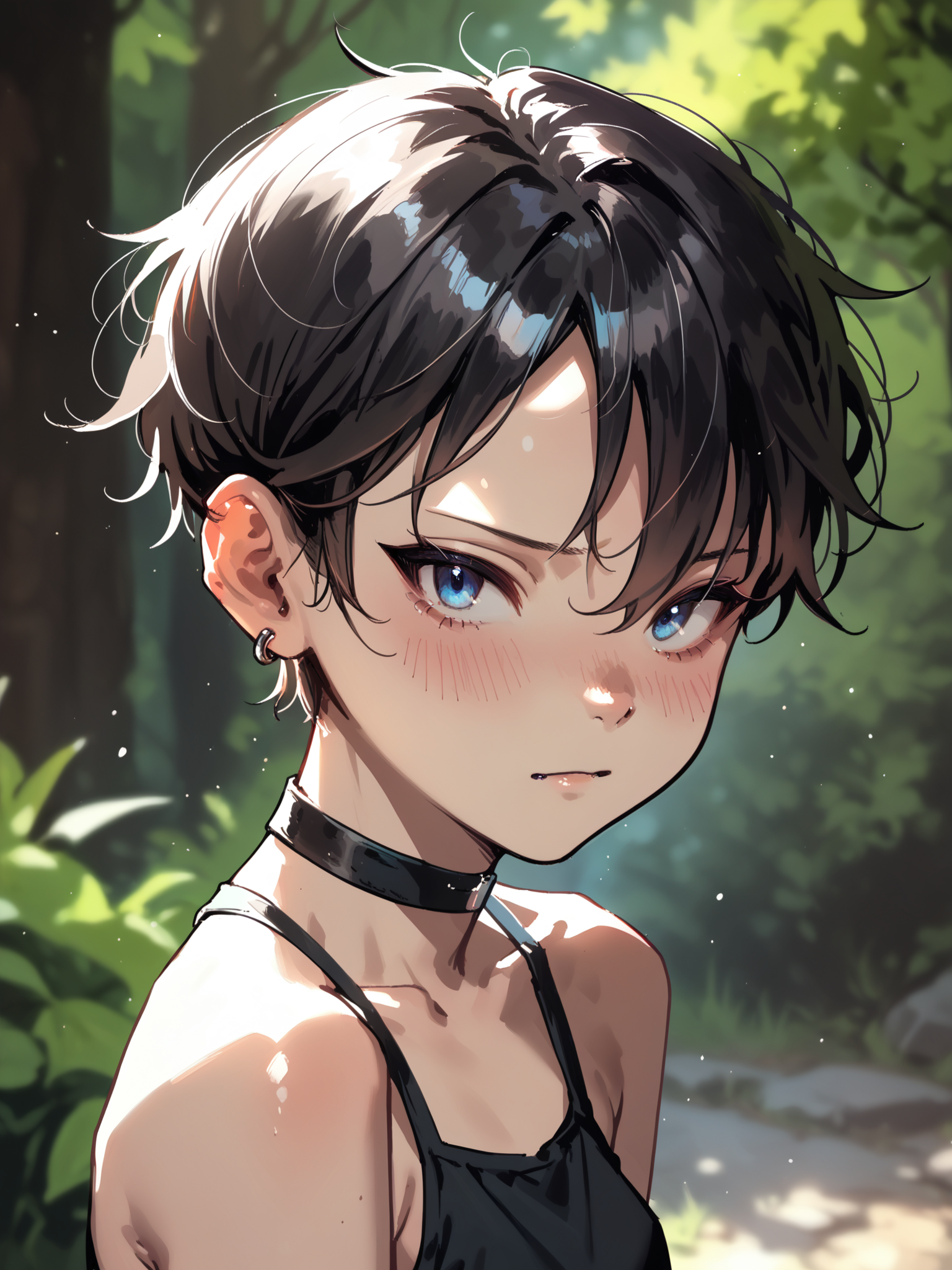 <lora:happy_tentacle-netsureina-v0.1:0.9>, ht_netsureina, earrings, choker, flat chest, blue eyes, black hair , shy, blush, outdoors, dawn cowboy shot, 1girl, (petite:1.2), solo focus, (looking at viewer:1.1), , (depth of field:0.8), from side, [(realistic, photorealistic:1.2):(realistic:1.3):22], [(3d:1.2)::10], <lora:LUUNA's Lunas-NijiJourney-SDXL-B2:0.6>, nijijourney, <lora:prgfrg23's Counterfeit-V3.0 Style SDXL_LoRA_Pony Diffusion V6 XL:0.3> <lora:Shed_The_Skin's StS_age_slider_v1_initial_release:-1.2>, score_9, score_8_up, score_7_up, score_6_up, score_5_up, score_4_up