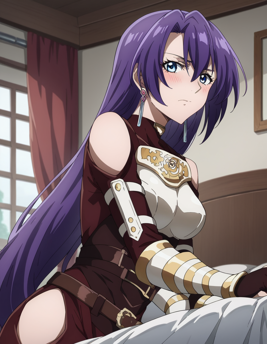 score_9, score_8_up, score_7_up, source_anime,
arthurpencilgon, <lora:arthur-pencilgon-ponyxl-lora-nochekaiser:1>,
arthur pencilgon, long hair, blue eyes, hair between eyes, very long hair, purple hair,
gloves, belt, armor, clothing cutout, breastplate, bare shoulders, earrings,
indoors, bed, bed room, on side, blush, drunk,
looking at viewer, dutch angle, cowboy shot,