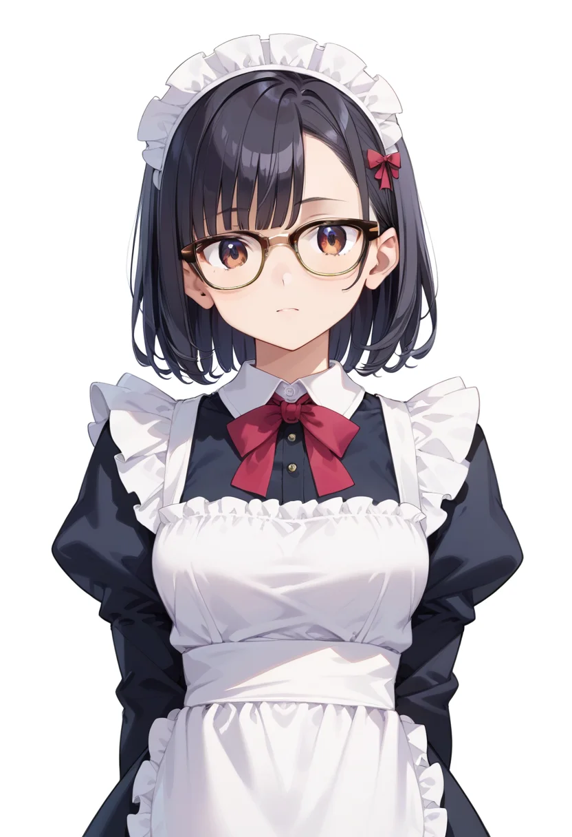 score_9, score_8_up, score_7_up, rating_safe, masterpiece, best quality, absurdres, unity 8k wallpaper, official art, official style, source_anime, uncensored, game cg, megami magazine,
1girl, solo, black hair, medium hair, upper body, covered eyes,maid, maid headdress, black dress, maid apron,
sirmont, glasses, white background, simple background, brown-framed eyewear, yellow-framed eyewear, two-tone eyewear,
<lora:glasses_clubmaster_PONY_V1:1>