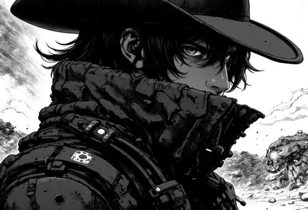 nistyle, monochrome manga sketch, A Closeup Portrait of a cowboy, extreme Closeup of His Face - shrouded in mystery. He wears a, tattered high collar coat that billows dramatically in the wind, creating a striking contrast against the rugged landscape. Hyperdetailed badass Closeup, hyperdetailed, deadly Gaze, mouth obsured from the coats high collar
