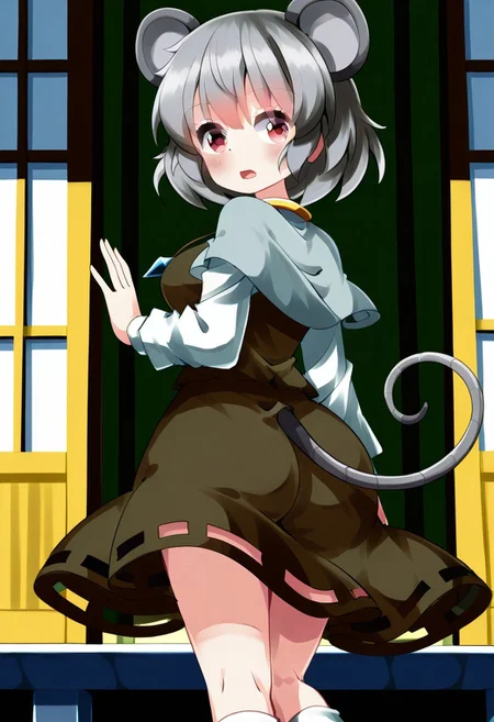 ruu style, (japanese village), (feudal japan), daytime, 1girl, solo, shocked gaze, open mouth, ((large breasts)), ((standing)), ((posing)), ((from behind)), ((large ass)), looking at viewer, ((blush)), ((nazrin)), red eyes, grey hair, short hair, mouse ears, mouse tail, pendant, grey capelet, brown dress, long sleeves, white sleeves, white socks