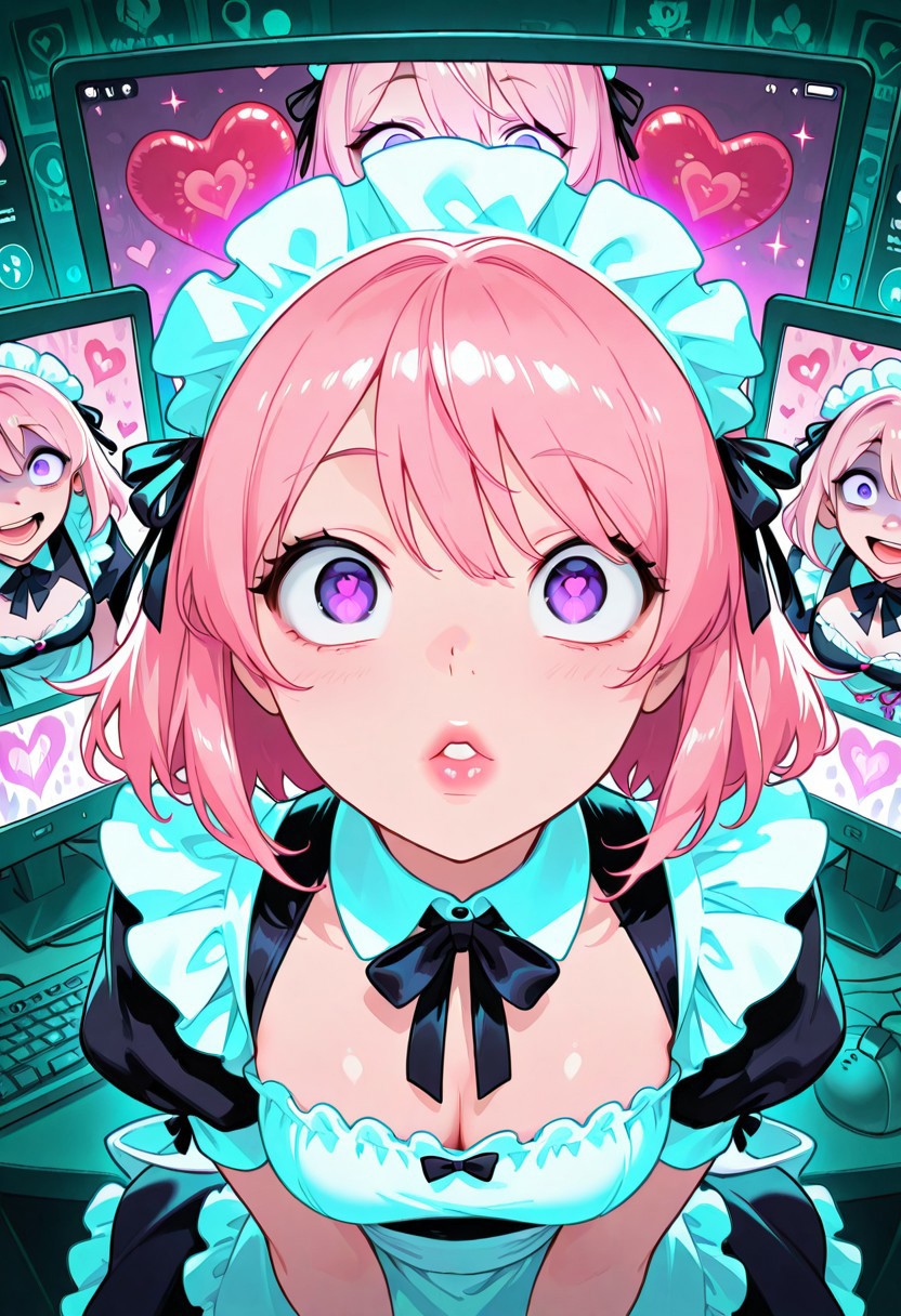 <lora:CivChan:1> CivChan, purple eyes, pink hair, maid outfit, medium breasts, pov_kiss, full lips, floating hearts, hearts, crazy eyes, computer screens in background with static, heart balloons, glitter