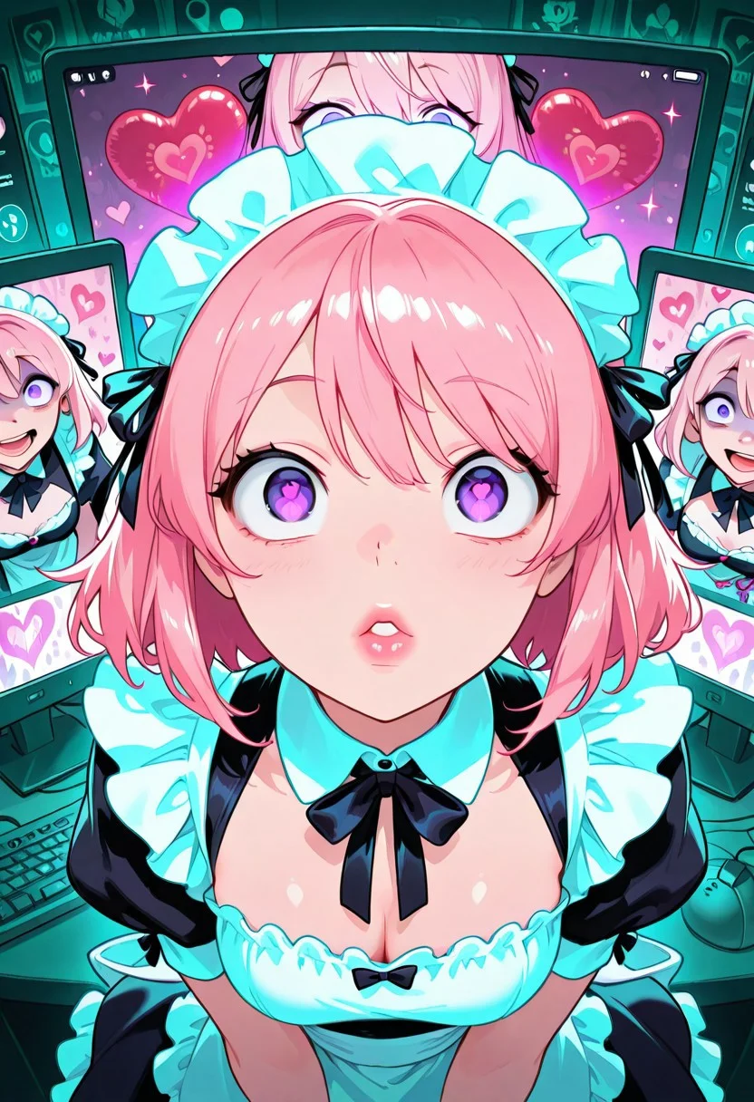 <lora:CivChan:1> CivChan, purple eyes, pink hair, maid outfit, medium breasts, pov_kiss, full lips, floating hearts, hearts, crazy eyes, computer screens in background with static, heart balloons, glitter