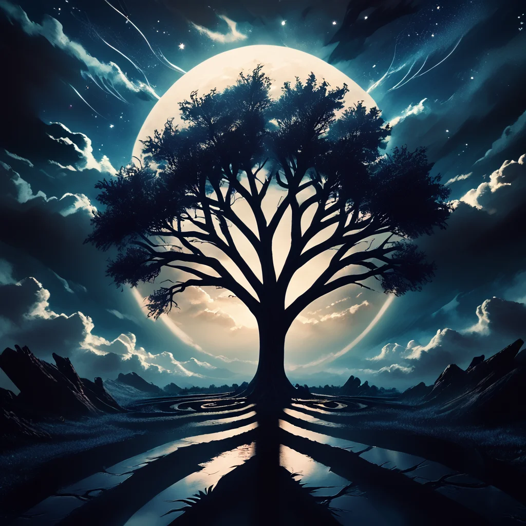 core_9, score_8_up, score_7_up, score_6_up, <lora:Geometric_Dreamlike_MoviePony:1> sky, no humans, tree, cloud, scenery, star (sky), outdoors, night, starry sky, cloudy sky, ArsMovieStill, A dreamlike movie still, The image is a digital art piece that appears to be a surreal landscape. It features a large tree with bare branches and no leaves standing alone in the center of the image. The tree is surrounded by a dark and eerie sky with a full moon in the background. The sky is filled with dark clouds and the moon is shining brightly creating a dramatic and moody atmosphere.