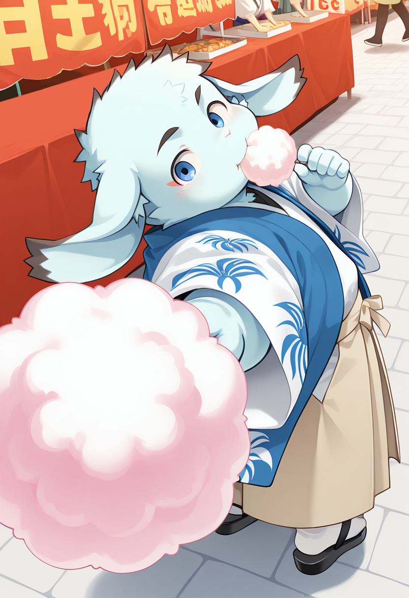 amazing quality, colorful, best quality, high quality, dynamic pose, dynamic angle, solo focus, from above, looking back, foreshortening, eating, cotton_candy
<lora:inaba-v5-000010:0.9> t-inaba, BREAK anthro rabbit, rabbit boy, 1boy, young, furry, alternate_costume, white_haori, blue_dougi, beige_hakama, white_tabi, black_zouri_sandals, festival,
