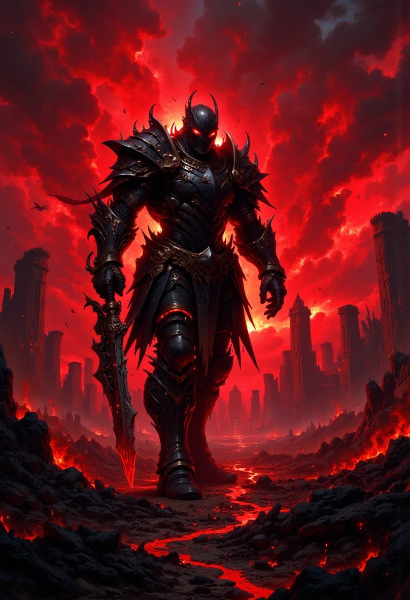 Under the blood-red sky of a forgotten battlefield, a towering warrior clad in blackened steel strides across the charred earth, his massive sword trailing behind him, leaving a trail of molten fire in its wake. His armor glows faintly with a crimson light, pulsating with the dark energy of the cursed blade he wields. Around him, the scorched remnants of fallen enemies litter the ground, their bones cracking beneath his heavy boots as he walks toward an ancient, crumbling gate in the distance. The air is thick with smoke and ash, the distant roar of dragons echoing across the barren landscape. The scene captures the epic scale of dark fantasy warfare, drawing from the brutal beauty of Berserk and the mythic intensity of The Lord of the Rings' battles.<lora:MysticFantasy>