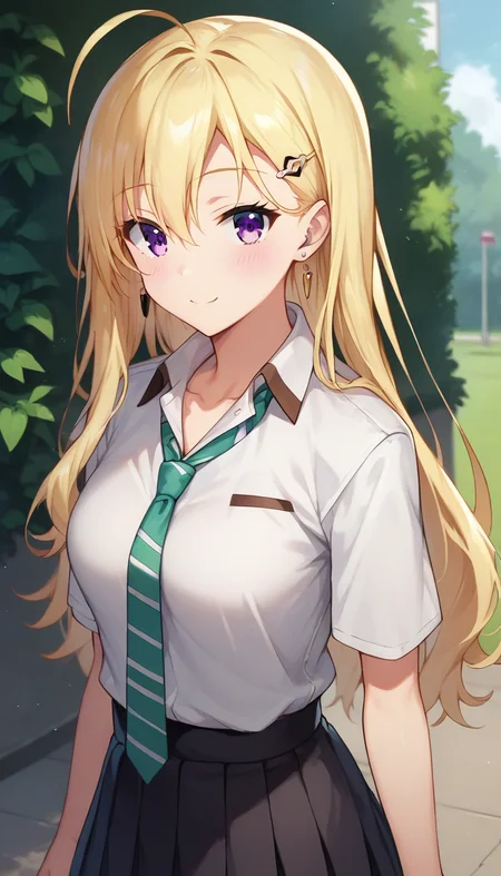 score_9,score_8_up,score_7_up,score_6_up BREAK official art,solo,outdoors,cowboy shot,looking at viewer,facing viewer,smile,blush,Ayase Saki,ahoge,long hair,blonde hair,hair ornament,hairclip,jewelry,earrings,hair between eyes,bangs,purple eyes,collarbone,school uniform,white shirt,dress shirt,collared shirt,green necktie,striped necktie,short sleeves,medium breasts,skindentation,miniskirt,black skirt,pleated skirt,black socks,loafers,brown footwear,<lora:Ayase Saki(gs)-Pony:1.5>,
