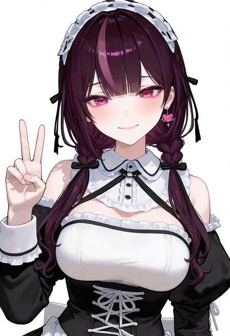 large breasts, detailed body, detailed eyes, narrow waist,,
mature female, korean, korean idol, jururu, virtual youtuber,
(pale skin:1.1), (blush:1.2), looking at viewer, light smile,
upper body, (close-up:1.3),
(1girl, solo:1.1), v, white background, simple background,
(complexion:1.2), healthy glow, long waist, long legs,
masterpiece, best quality, good quality, newest, very aesthetic, absurdres,
<lora:주르르_ë©ì´ë_주ë©ì´ë__Jururu_Maid:0.7> maidruru, pink streaked hair, purple hair, low twintails, pink eyes, pink earrings, frills, maid headdress, maid apron, maid, bare shoulders, dress, long sleeves,