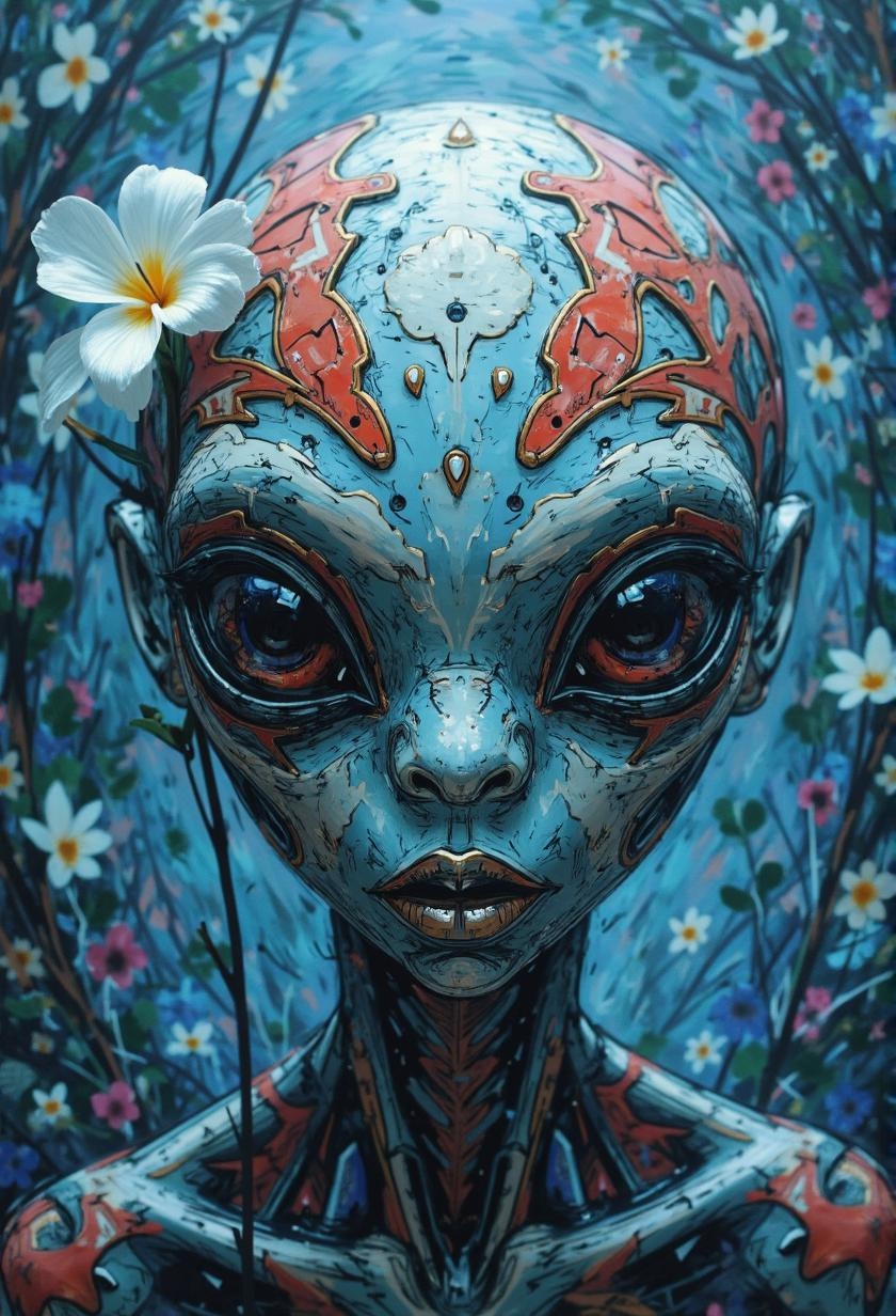 <lora:ck-Ivan-Beslic-Art-Style-000019.safetensors:1> A highly detailed and vibrant digital painting in the style of ck-ib
A stylized alien face with intricate red patterns on a serene blue background. A white flower adorns its forehead. Shallow depth of field creates a dreamlike atmosphere, emphasizing the alien's features while obscuring the background.