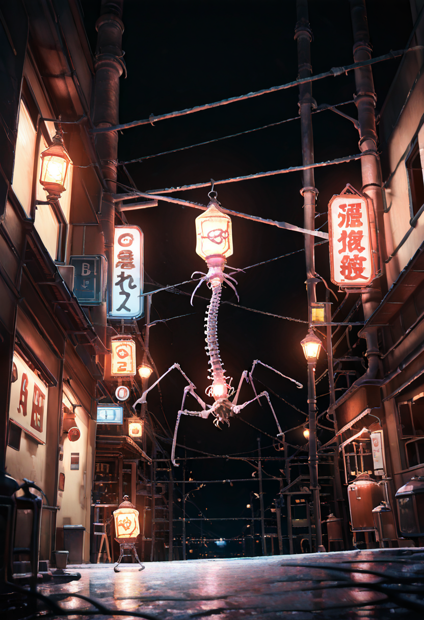 masterpiece, best quality, no humans,   B4cterio, outdoors, night, depth of field, building, scenery, lantern, city, sign, lamppost, industrial pipe,  ,<lora:BacteriophageIXL_v1:1.0>,