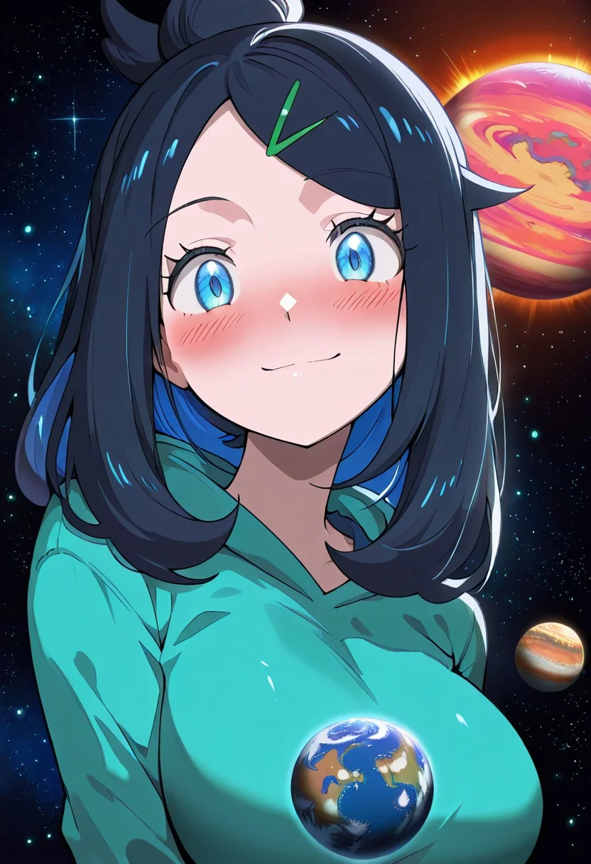 score_9, score_8_up, score_7_up,source_anime, 1girl, adult, women, likomega, long hair, black hair, colored inner hair, hairclip, hair ornament, blush, single hair bun, blue eyes, eyelashes, large breasts, (facial expression, loving, light smile, head tilt, soft eyes), dreamlike atmosphere, glowing edges, mystical, high contrast, ethereal light, light particles, gl0w, glow, gradient eyes, high gradient eyes, detailed eyes, high definition eyes, blurry foreground, (planet size: 2.0), giantess, masterpiece, best quality, absurdres, ultra detailed,