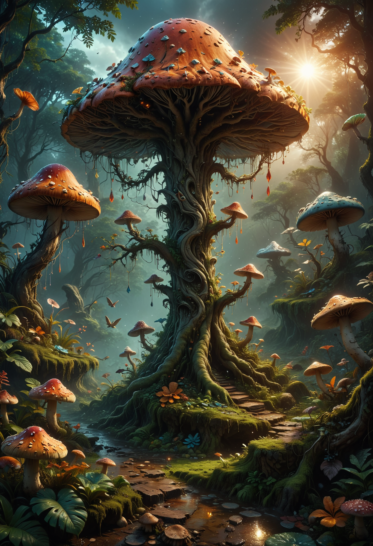 A semi-precious stone that has a shape like living plants, As you wander through the stormy field of mushrooms, the dark jungle comes alive with fearful and chaotic colors and exotic creatures. The love for nature is evident in every detail, from the intricate patterns on the leaves to the playful chirping of birds and trumpets. In the distance, the sound of trumpets while the gentle notes of flutes guide your steps towards the grand, majestic tree at the heart of it all. style 3D rendering, style photorealistic, style trippy dmt, sunshine fractal vibes,colourful sunset in the background, vector graphics, sharp focus, background living, light spotlight, detail, redwoodtree view, shamanic jungle vibes. At least u feel full of darkness. Flash, storm and acid spiral. Mushrooms of darkness.
<lora:add-detail-xl:0.35> <lora:MJ52:0.18> <lora:ral-anmwrlds-sdxl:0.3> ral-anmwrlds <lora:ral-porcelain:0.4> ral-porcelain <lora:ral-cltc:0.1> ral-cltc <lora:ral-dissolve:0.25> ral-dissolve <lora:zavy-mthcl-sdxl:0.2> <lora:SDXLFaeTastic2400:0.2>  <lora:WildcardX-XL-Detail-Enhancer:0.5>